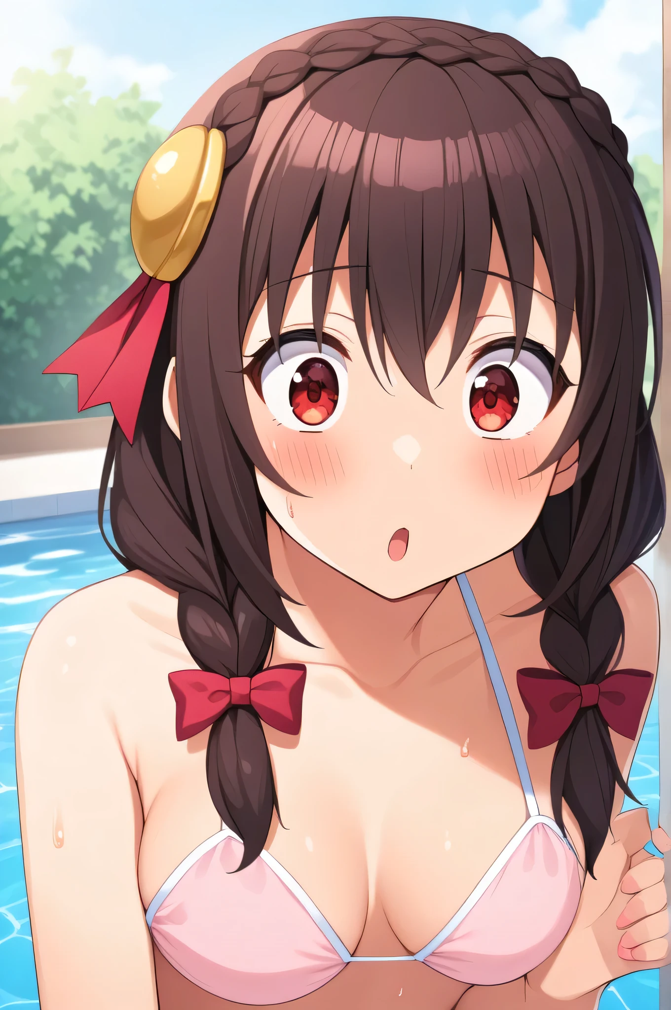 alone, One girl, Yunyun、blush , Crown braids of the same color as your hair, Red Eyes、hair ornaments, Black Hair、Hair Ribbon, (White and pink bikini)、Poolside、Eating takoyaki、So wet、(Surprised expression:1.5)