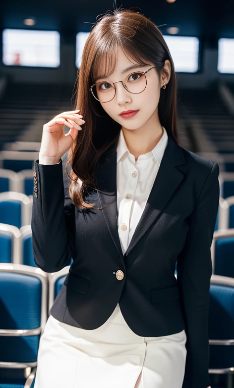 (a gorgeous chinese lady, age 28, professional lecturer, wearing formal office attire, blazers, sky-blue tie, long-sleeve white ...