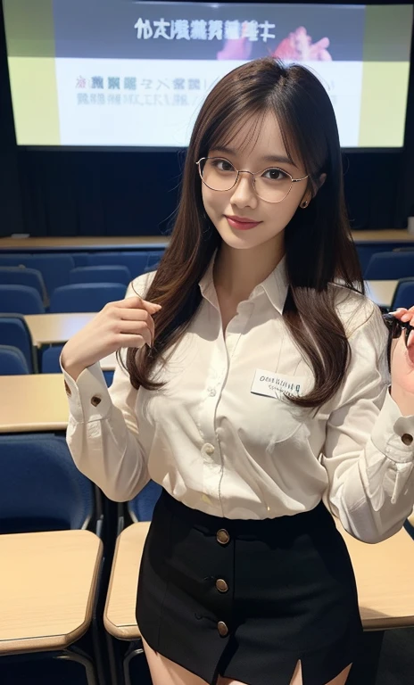 (A gorgeous Chinese lady, age 28, professional lecturer, wearing formal office attire, blazers, sky-blue tie, long-sleeve white shirt with buttons, pencil mini-skirt, ITZY sneakers, power pose in an empty lecture hall,
(fabulous, geeky, feminine, gentle,
friendly, goofy, fascinating, Graceful),
spectacles, #roundeyeware, #glasses, #eyeware, kind smile, dimpled cheeks, cute snaggle-tooth, short ponytail, short bob hair trimmed, short hair, symmetrical face, beautiful detailed face, bright_and_full_of_warmth_eyes, detailed eyes, ample round bosom, perfect body anatomy,
Award-winning, photorealistic, hyper-realism, high contrast, ultra HD, realistic skin textures, top image quality, top-quality, super high resolution, fine details, very meticulously, Vivid Colours, masterpiece, High angle shot, full body shot, cowboy shot, positive affirmation, serene ambience, bokeh night background, SFW)