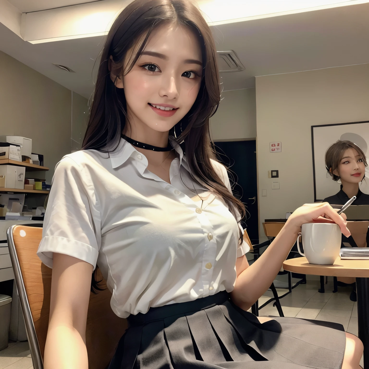masterpiece, Upper Body Shot, Front view, 1 woman per 1 photo, Young and beautiful Japan woman, Super cute face, 18-year-old, Smiling and sitting on a chair in a coffee shop, Coffee on the table, Gorgeous appearance, wearing something shiny, White silk short-sleeved shirt with collar、He is wearing a shiny satin plain red bow tie.。, She is wearing a navy long pleated skirt.., Glossy Lips, Sweaty body, Double eyelids on both eyes, Natural Makeup, Long eyelashes, Shiny and smooth light brown medium length hair, Asymmetrical bangs, Sunburned skin, Center image, 8k resolution, Attention to detail, Detailed hairstyle, Detailed face, Great cinema lighting, Octane Rendering, Vibrant, Ultra-realistic, Perfect limbs, Perfect Anatomy