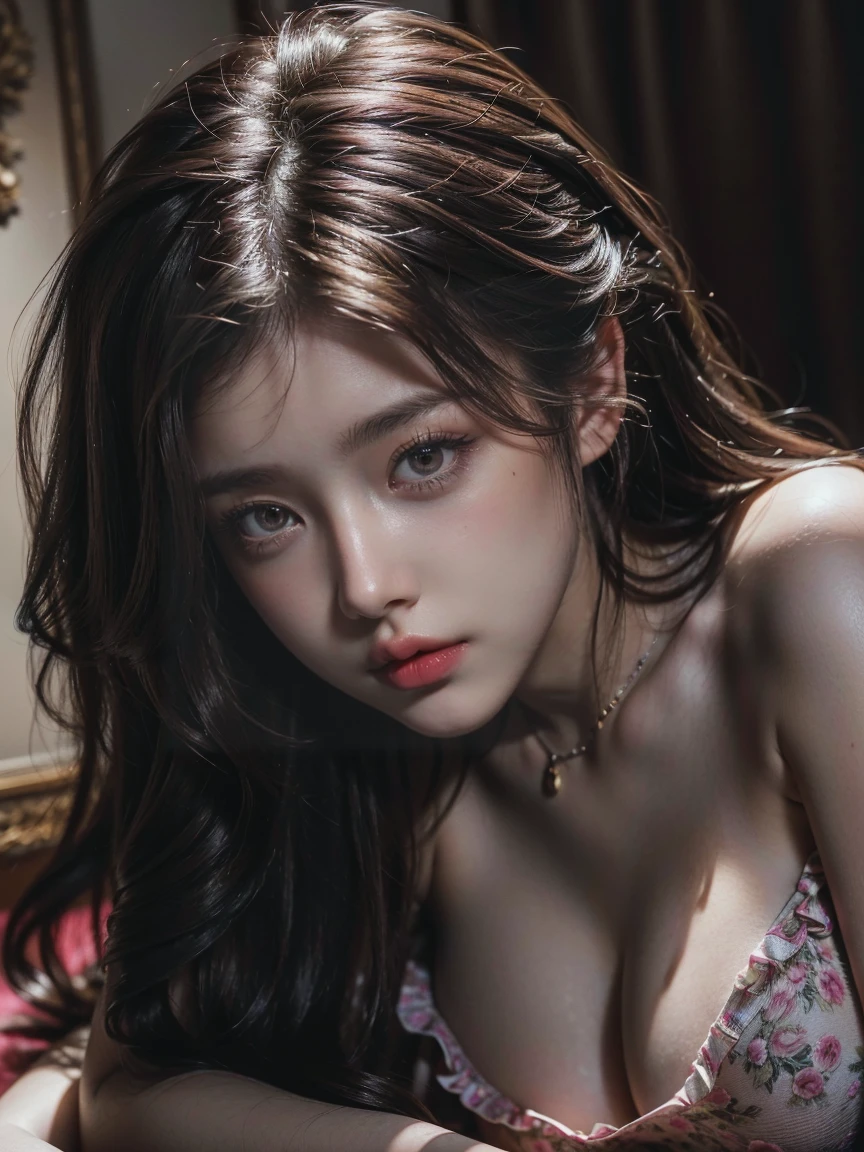 1girl, (looking at viewer:1.2), detail face, romanticism, atmospheric, (RAW photo, best quality), (realistic, photo-realistic:1.3), masterpiece, an extremely delicate and beautiful, extremely detailed, wavy brown hair, lying on back, taken from top, hotpink strapless bikini, round boobs, cleavage, full body, perfect teeth