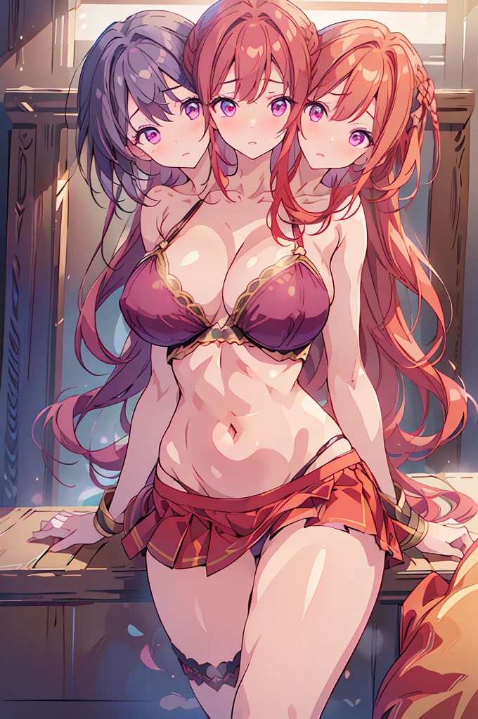 (masterpiece, best quality), best quality, (ultra-detailed), ((3heads:1.5)), 1girl, (kotohime:1.3), masterpiece, best quality, ultra quality, ultra resolution, ultra detail, purple top, crop top, ((stomach)), midriff, ((groin)), exposed open belly, purple skirt, normal ears, shackles, red hair, very long hair, wavy hair, examiner ponytail, red eyes, detailed eyes, beautiful eyes, pupils, parted lips, open belly, sweat, cute, toned belly, hand on own chest, eyelashes, (25 year old woman:1.3), (masterpiece:1.5), (best quality:1.5), (beautiful detailed), extremely detailed CG, extremely delicate and beautiful, depth of field, (finely detailed face), (perfect details:1.2), (mature female:1.3), wide pelvis, slender, large veiny breast, 16k resolution, highres, very high quality, very high definition, extremely detailed, masterpiece, ((red hair)), long hair, alluring presence, braid, short skirt, close up, very big tits, very huge tits, young, 3heads, three headed girl, ((redhead)),