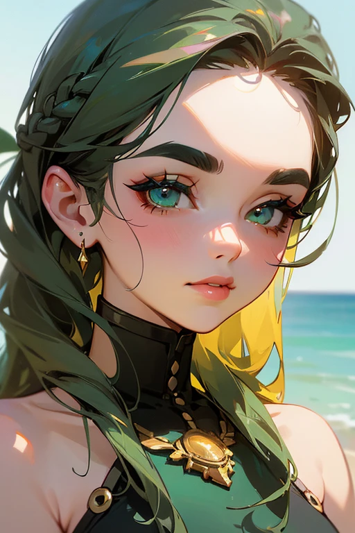 (Highest quality, masterpiece:1.2), High resolution, Very detailed, Realistic:1.37, Fantasy, An illustration, Green Eyes、Queen, Platinum decoration、beautifully、Eyeshadow Red、Thick eyebrows、Long eyelashes、pupils are black、Her hair is light green、Embarrassing、people々々Loved by、Shoulder Bare、Braiding、((Swimwear)).(Keep the image of your face),((Kiss with your eyes closed)).