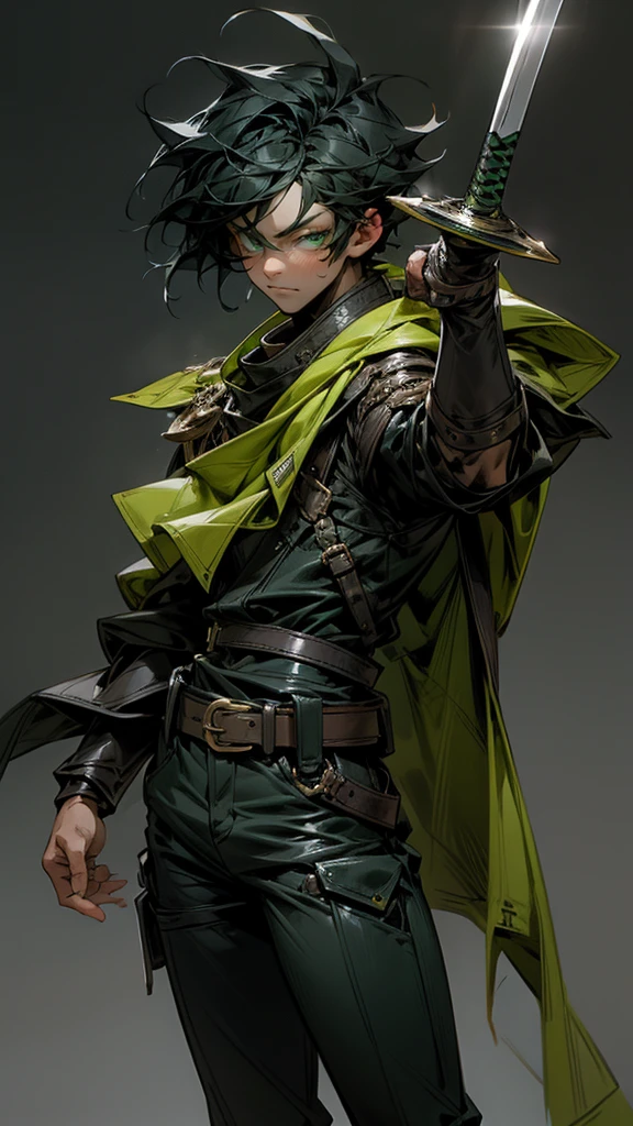 A boy with bright green eyes,black hair blue and black clothes,with a belt with leather pockets with a dark green European sword, with a sincere smile doing a hero pose