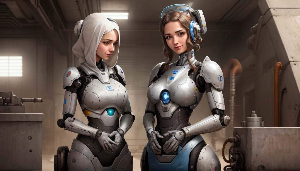 Industrial Robot arm. gives a tissue to a woman who has a cold . The woman smiles gratefully. They are working in a robotic factory. Mirando a Cámara. ella esta de frente. Esta vestida con ropa del desierto.