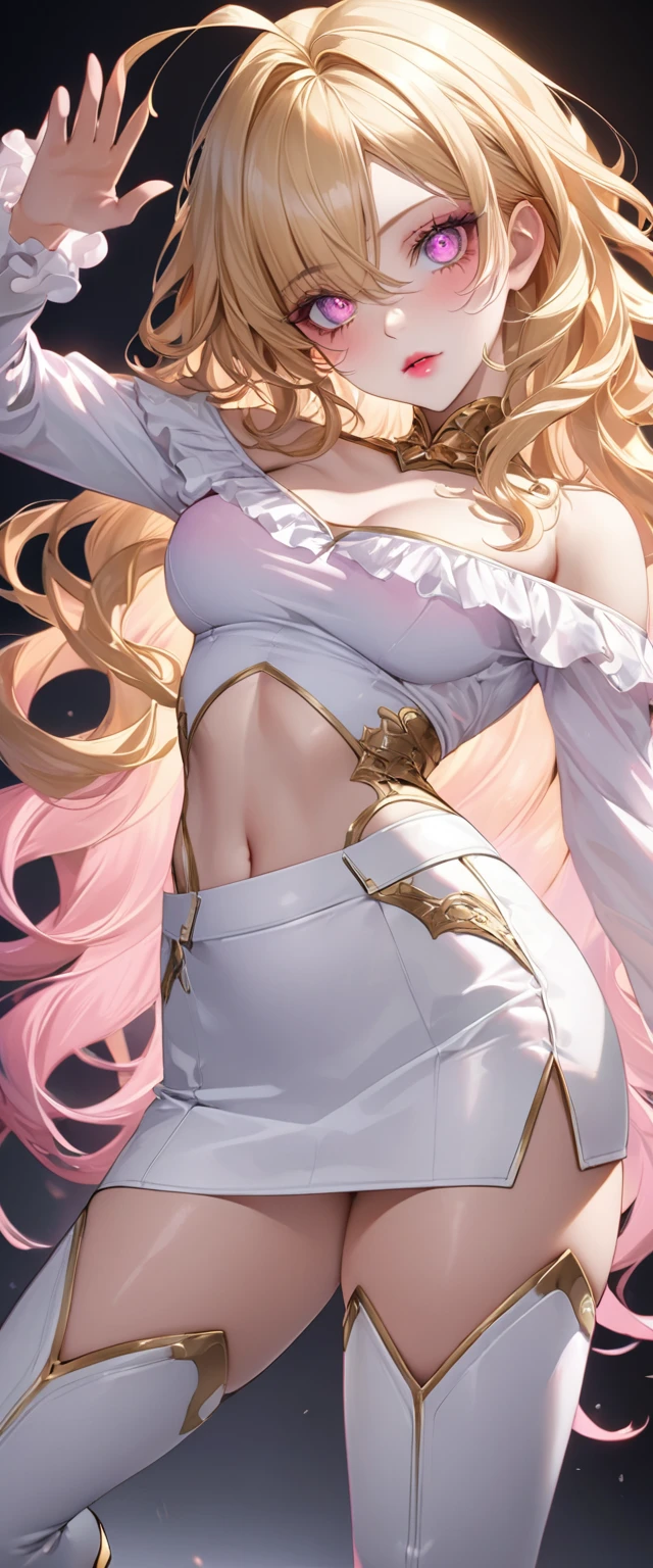 nsfw, (Perfect Anatomy)、Mastepiece、Ultra High Quality、 8k、masterpiece、Highest quality、Ultra-high resolution、Maximum resolution、Very detailed、Professional Lighting、anime、woman、thin、Very beautiful face、Very beautiful eyes、(Highly detailed eye)、Highly detailed face、Blonde, (ahoge), wavy hair, Pink eyes, (gold hair random dip-dye hair), stomach cutout, thigh boots, high heels, white mini pencil skirt, white off shoulder, makeup, eyeliner, eye shadow, pink cheek, pink lips, full body, zombie pose