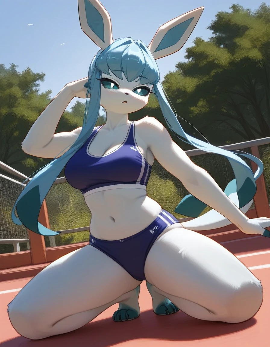 alone, score_9,score_8_up,score_7_up, anthro female glaceon, blue sclera, white eyes, sport bra, sport panties, outdoors, riding a bicycle.