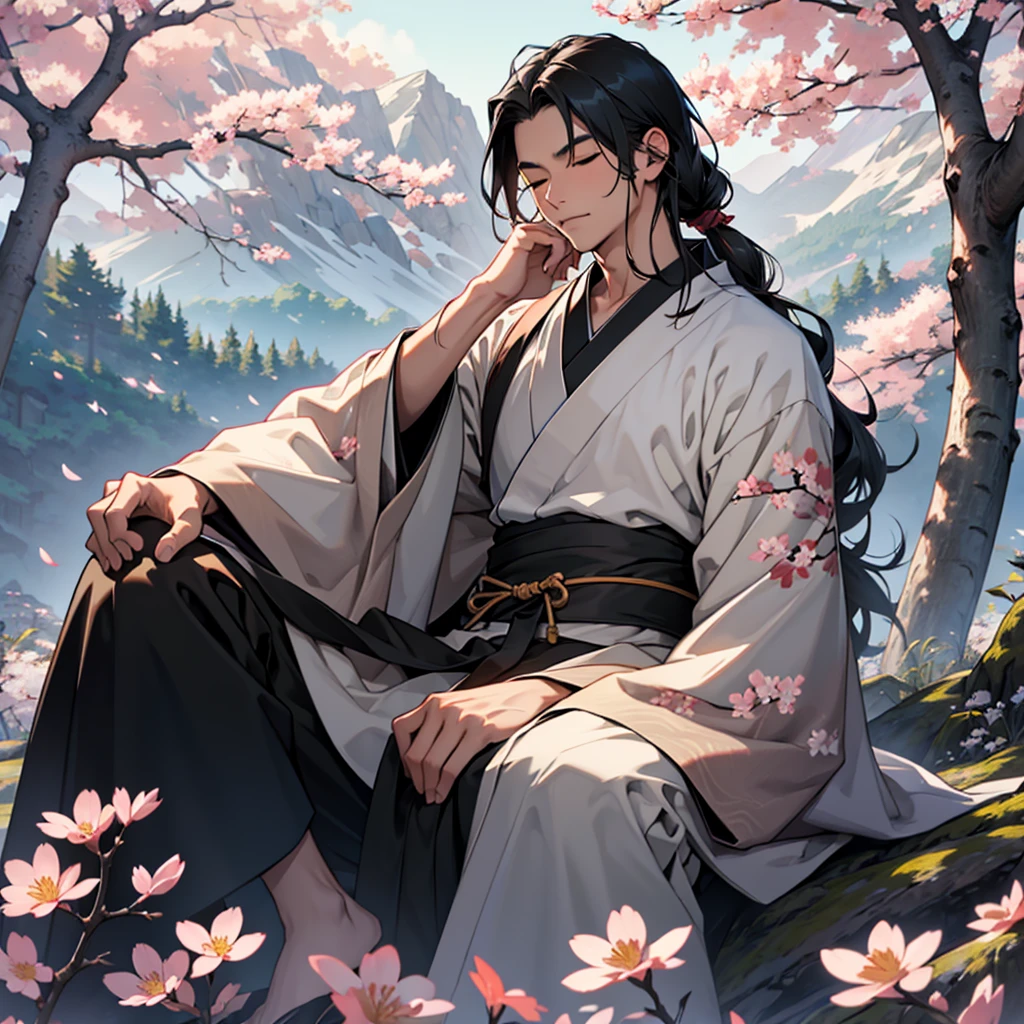 make a man with his left eye closed with long black hair and brown eyes wearing a gray kimono sitting on a mountain in front of a clearing with flowers, animals and sakura trees