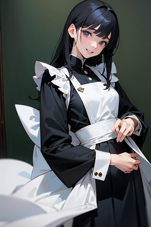 (Highest Resolution, clear_image) highest quality, Single person, One Woman, alone, masterpiece, Very detailed, Semi-realistic, Black Hairのショートヘア, Black Hair, bangs, 18-year-old, mature, light blue uniform, uniform, Indoor Background, kind, Authoritative, powerful, exquisite features, exquisite features、Eyelashes become longer、Showing teeth、smile😀、Maid clothes、Touching hair、Shoulder Bare、