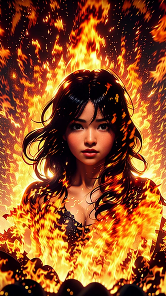 alcohol ink, liquid effect, a translucent silhouette of photorealistic young Malay plump woman wearing clothes made from flames. she pose with lots of hyper realistic flames burning her bodies tattoo. burning flames long hair. Ultra realistic and highly detailed, 100% black background, 8k, uhd, photo, vibrant, portrait photography, 3d