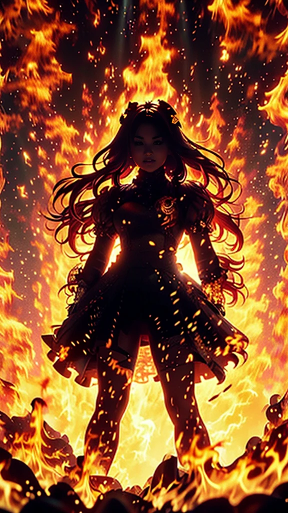 alcohol ink, liquid effect, a translucent silhouette of photorealistic young Malay plump woman wearing clothes made from flames. she pose with lots of hyper realistic flames burning her bodies tattoo. burning flames long hair. Ultra realistic and highly detailed, 100% black background, 8k, uhd, photo, vibrant, portrait photography, 3d