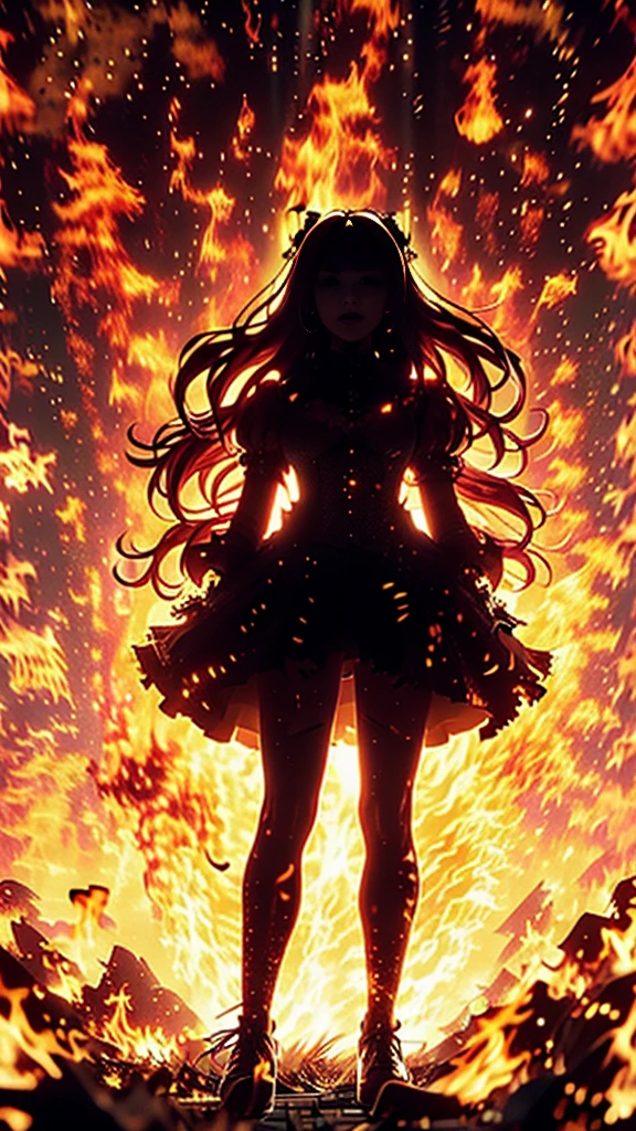 Anime girl with a fire body made out of fire but her private parts are not exposed with a long fire  hair made out of fire she has sun mark in her pupils she has a scary smile as she has flaming chains around her her pupils were orange and there was a sun mark inside her pupils as there was only fire around her as she kept a scary smile pulling the fire chains with her hands and a lot of the fire chains is around the place her body made out of fire her hair was fire her skin was fire no body just fire 