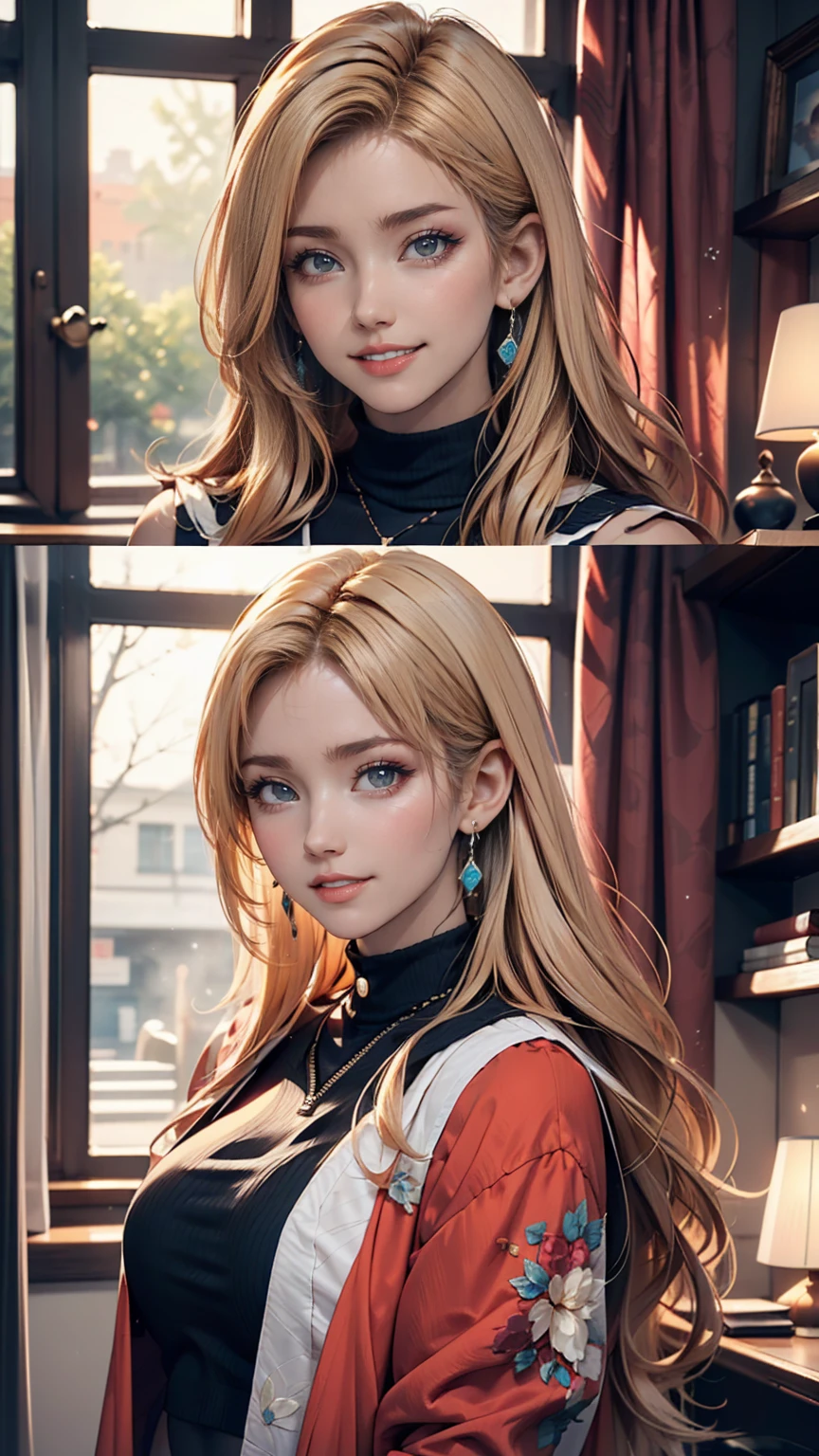 最high quality, 8k, masterpiece: 1.3, Ultra HD, high quality, 最high quality, High resolution, realism)) 、25-year-old Caucasian female、blue eyes、Long Hair、smile、thin、thinだがアスリートのような細マッチョ、I'I don't want my head to disappear from the screen..、Wear accessories on your wrist、Wearing red nail polish、Having a pedicure、Near and far in the air((Atmospheric perspective))、smile((smiley))、Background Blur((Depth of written boundary)、Wear a high-necked top with a zipper、Sleeveless、My abs are ripped、I can see my belly button、Wear low rise skinny jeans、Wear stiletto heels、Hold a handbag in one hand'shoulder、Crystal Earrings((Crystal Earrings))、Long Hair ((Long Hair))、Dark Blonde、Bang bang as we part((Parted bangs))