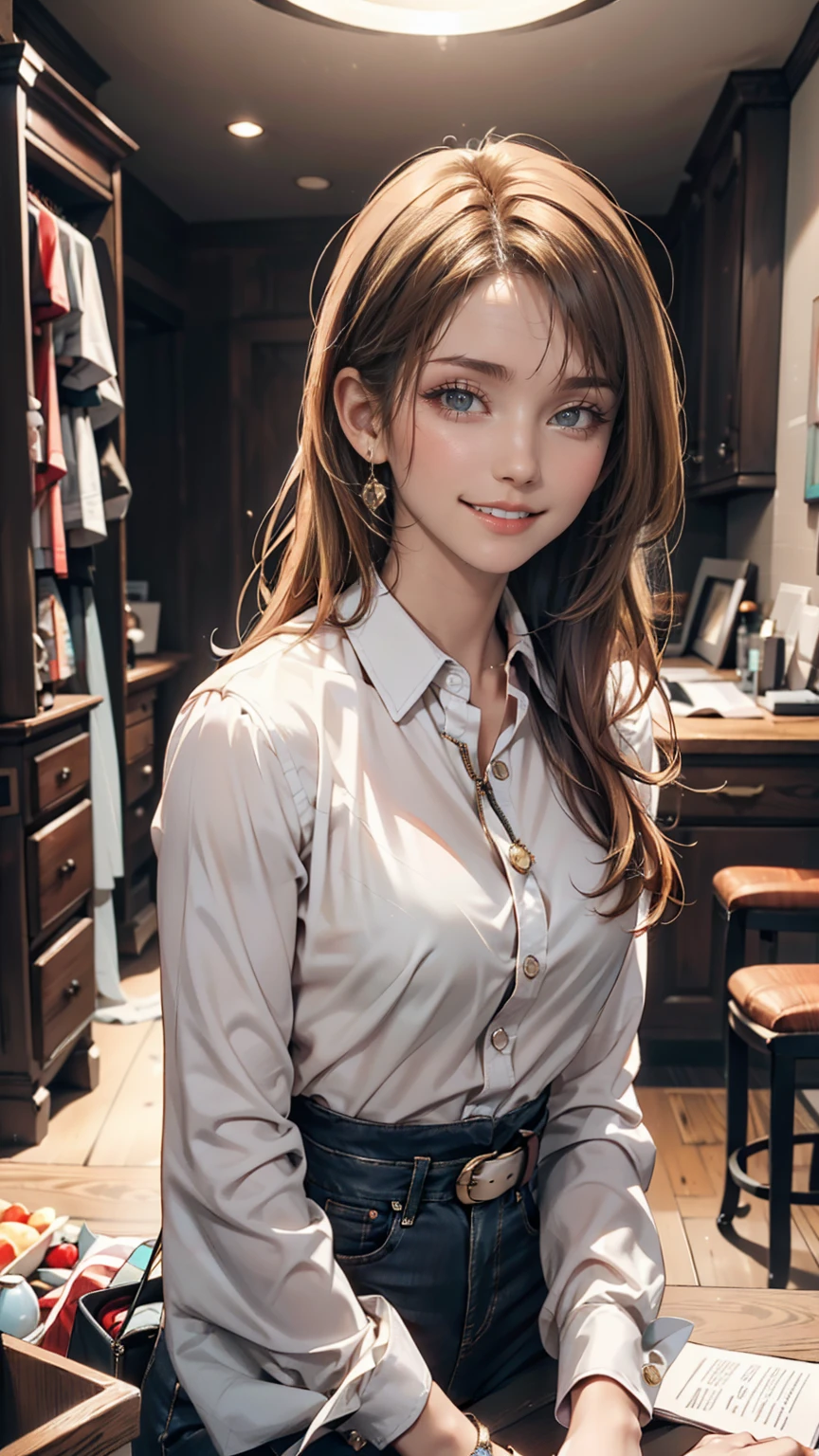 woman with curly hair wearing a skirt and blouse with detailed alluring eyes in a modern bedroom, Masterpiece of the best quality, photorealistic, HDR, shallow depth of field, wide light, high contrast, backlight, bloom, light sparkles, chromatic aberration, sharp focus, RAW color photo, renatadaninsky