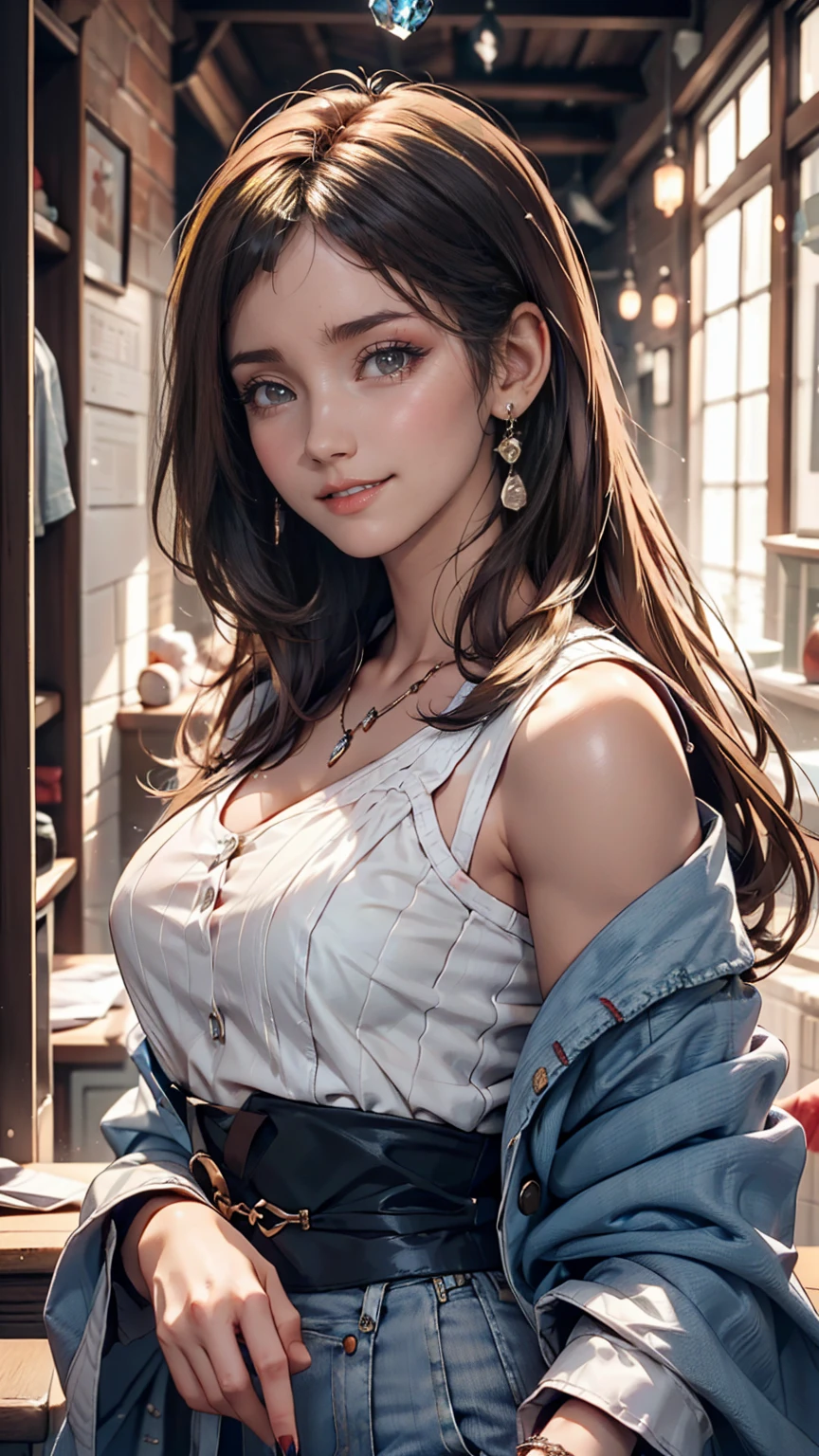 最high quality, 8k, masterpiece: 1.3, Ultra HD, high quality, 最high quality, High resolution, realism)) 、25-year-old Caucasian female、blue eyes、Long Hair、smile、thin、thinだがアスリートのような細マッチョ、I'I don't want my head to disappear from the screen..、Wear accessories on your wrist、Wearing red nail polish、Having a pedicure、Near and far in the air((Atmospheric perspective))、smile((smiley))、Background Blur((Depth of written boundary)、Wear a high-necked top with a zipper、Sleeveless、My abs are ripped、I can see my belly button、Wear low rise skinny jeans、Wear stiletto heels、Hold a handbag in one hand'shoulder、Crystal Earrings((Crystal Earrings))、Long Hair ((Long Hair))、Dark Blonde、Bang bang as we part((Parted bangs))
