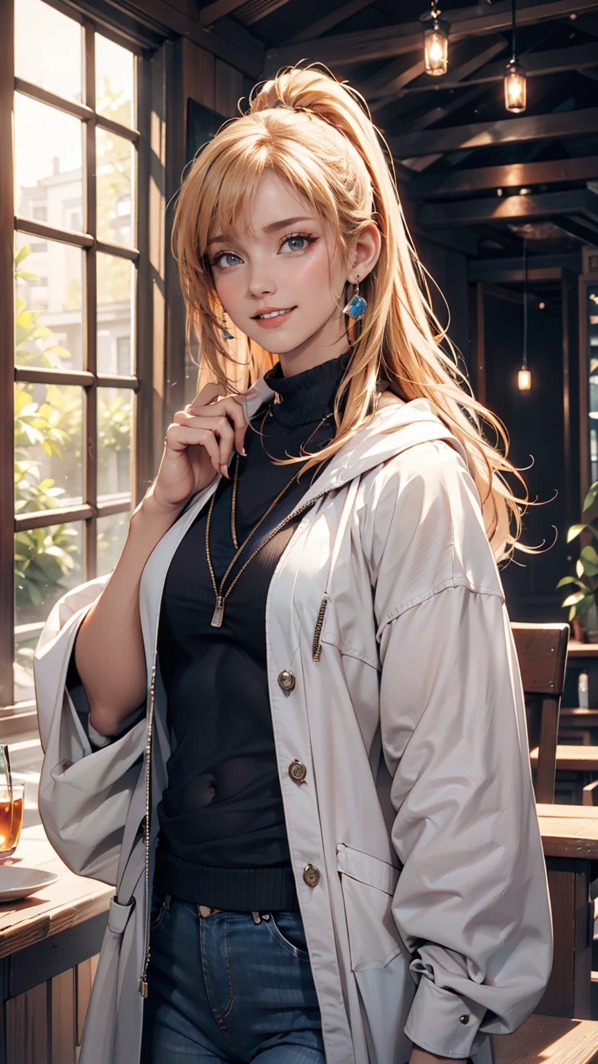 最high quality, 8k, masterpiece: 1.3, Ultra HD, high quality, 最high quality, High resolution, realism)) 、25-year-old Caucasian female、blue eyes、Long Hair、smile、thin、thinだがアスリートのような細マッチョ、I'I don't want my head to disappear from the screen..、Wear accessories on your wrist、Wearing red nail polish、Having a pedicure、Near and far in the air((Atmospheric perspective))、smile((smiley))、Background Blur((Depth of written boundary)、Wear a high-necked top with a zipper、Sleeveless、My abs are ripped、I can see my belly button、Wear low rise skinny jeans、Wear stiletto heels、Hold a handbag in one hand'shoulder、Crystal Earrings((Crystal Earrings))、Long Hair ((Long Hair))、Dark Blonde、Bang bang as we part((Parted bangs))