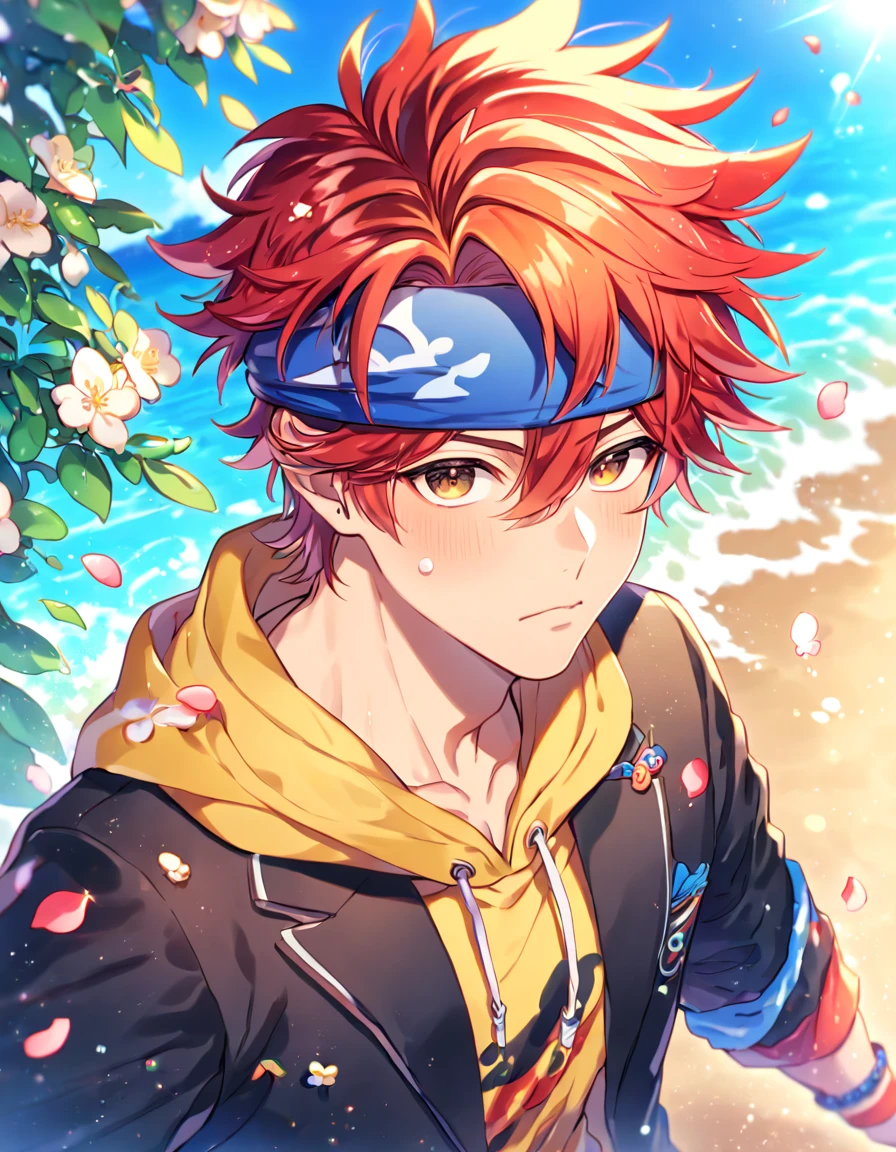 Ultra detailed, HDR, Highres, absurdres, master piece, Kyan Reki, red hair, expressive brown eyes, Sk8 Infinite, blue headband, black jacket, yellow hoodie, sexy man, handsome, flowers, petals, fantasy, magical, green leaves, summer, handsome, sensual, best quality, glittering, solo, manly man, water, beach, horny,