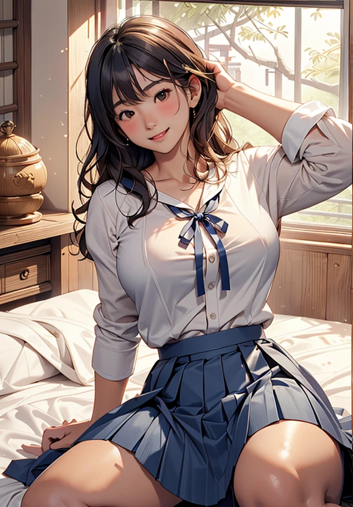 (Highest quality,masterpiece:1.3,Ultra-high resolution),(Very detailed、Caustics) (Realistic:1.4, RAW shooting、)Ultra-Realistic Capture、Very detailed、Natural skin texture、masterpiece、(A Japanese elementary school girl wearing a white shirt with a navy blue ribbon and a pleated skirt:1.3), Adorable expression、Expressions of happiness、、height: 145cm、Baby Face、Amazingly cute、Curly Hair、Scrunchie、Black Hair、light makeup、(Big Breasts:1.2)、Shining thighs、Background details、smile、An inviting gaze、Anatomically correct、、Attention to detail、(Lying on her back on the sheets in a private room at a sex shop)、(Open your legs wide to the sides:1.2)、White panties are visible、(Tight shirt:1.3)、(Erect nipples:1.2)、(Flip up the skirt:1.2)、(No sleeve:1.2)