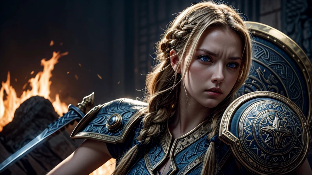 Practical,Burning village,night,Viking,1 Girl,blue eyes,Large Breasts,Full body portrait,Blonde Hair,Solitary,Braided Hair,angry,Charge,A sword with a pattern engraved on the right hand,Shield on left arm,Close up photography