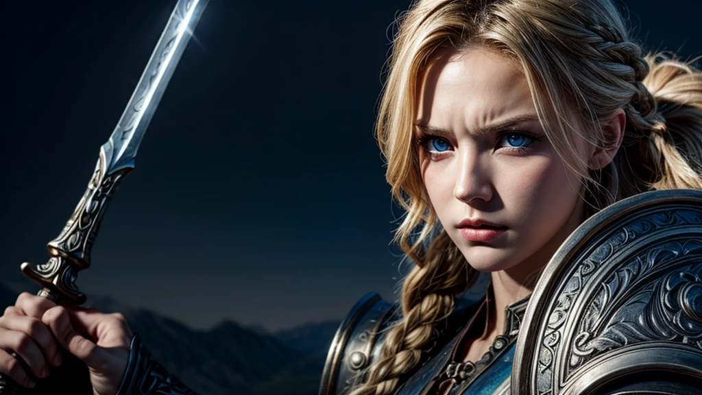 Practical,Burning village,night,Viking,1 Girl,blue eyes,Large Breasts,Full body portrait,Blonde Hair,Solitary,Braided Hair,angry,Charge,A sword with a pattern engraved on the right hand,Shield on left arm,Close up photography