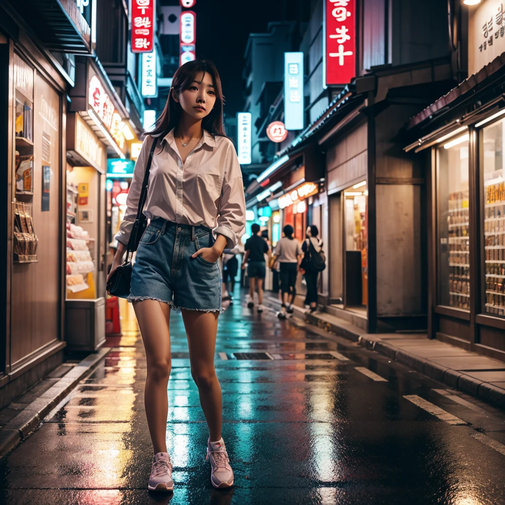 Korea girl walking on the street, cinematic style soft lighting glow effect