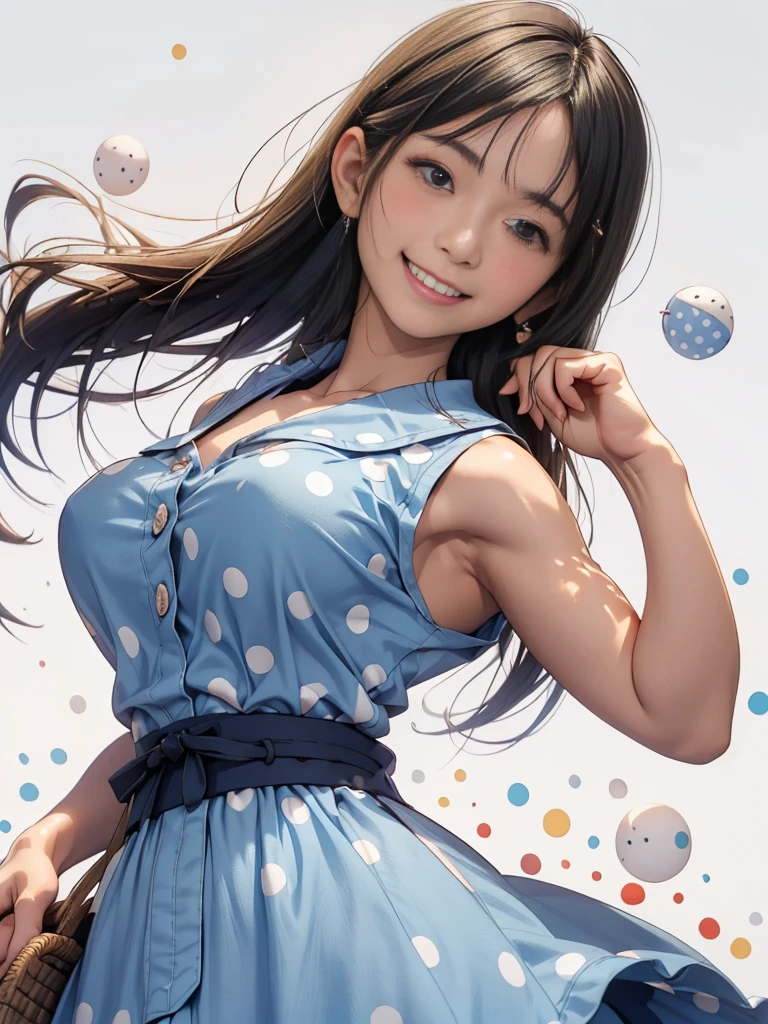 Japanese women, (Underweight), (Highest quality:1.5), (Bright smile:1.3),(Big Breasts:1.3)
, fun, walk, Long Hair, (A sleeveless blue dress with tiny round polka dots and buttons on the collar and chest.), Bright atmosphere, Full Body Shot, Low angle shot、No background、(Erect nipples)