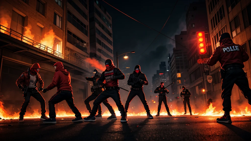 cartoon animation. A group of hooligans were fighting movement against the police on a city street, (the hooligans wearing a red ski mask, red crewneck, black pants),they burned the police car, dark night atmosphere, smoke billowing, fire flame, riot city, smooth neonlight effect, hyperdetailed, masterpiece, HD