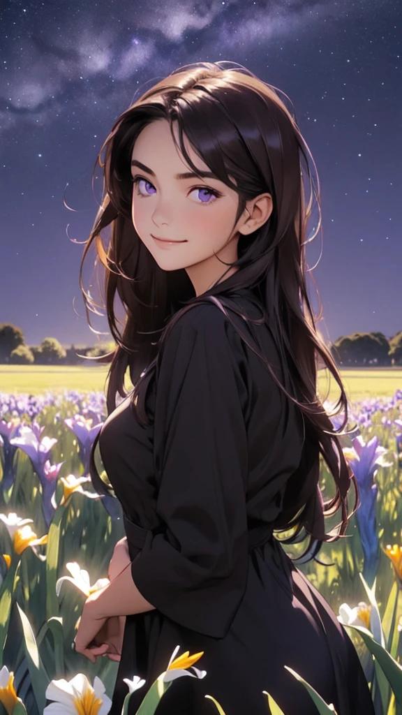 1girl,in a field of iris flowers, iris flower, looking at viewer, purple eyes, long dark brown hair , modest long black dress, smirking expression, night sky.