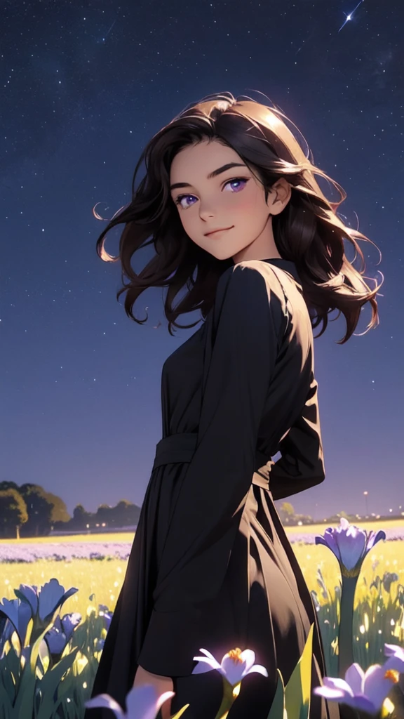 1girl,in a field of iris flowers, iris flower, looking at viewer, purple eyes, long dark brown hair , modest long black dress, smirking expression, night sky.