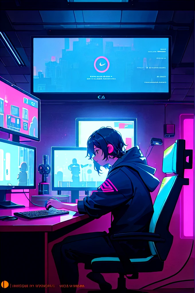 Create a digital illustration of a streaming setup with a modern ambiance and neon lights . A character with brown eyes sitting in a gaming chair wearing and a hoodie with the hood with the logo of "Nike". The character is sitting casually, ready to start his stream. The streaming equipment should include two curved computer screens. The first one displays a "Starting Soon" message with an eye-catching design. The second screen shows a live chat interface. A computer tower visible under the desktop with LED lights must be present. A mechanical backlit keyboard with bright RGB lights and a matching gaming mouse should be on the desktop. The decor of the bedroom should include a neon light on the wall with the inscription "Akash", a large window showing a night view of a city with lights from buildings in the background. General lighting of the room should be dimmed, highlighting neon lights and screens. Bright blue and red accents must be present to reinforce the immersive atmosphere. Additional details include a professional microphone mounted on a hinged arm, and small office accessories such as controllers of technological gadgets, and some decorative objects.