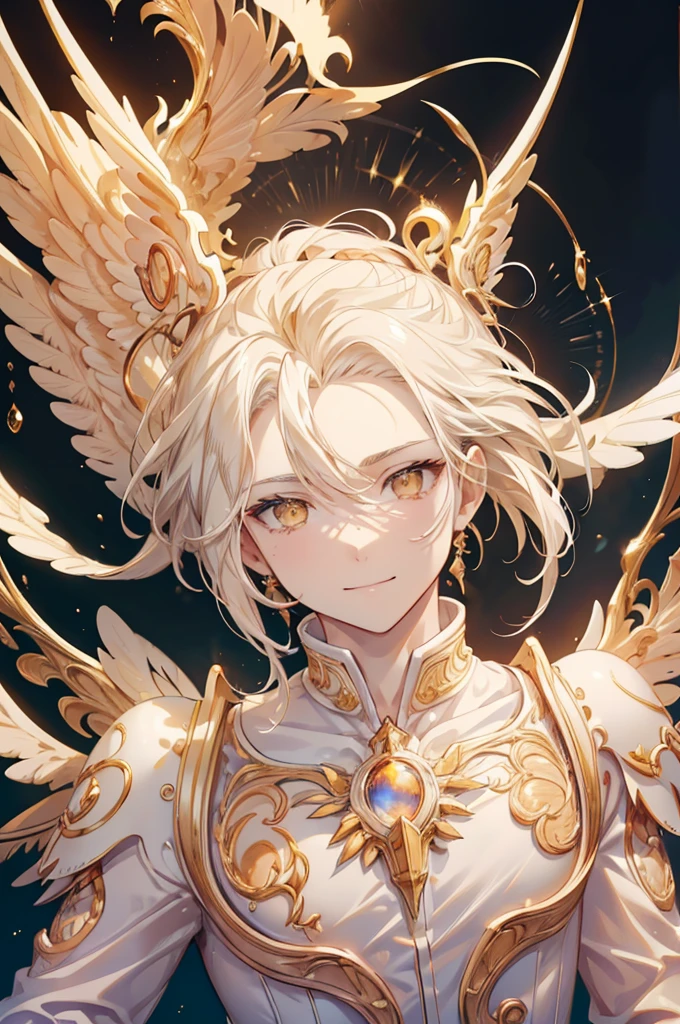 a adult man with a big smile, spiked white hair (gel-styled), golden eyes, golden freckles, a large pearl at the center of his chest, detailed facial features, highly detailed, (best quality,4k,8k,highres,masterpiece:1.2),ultra-detailed,(realistic,photorealistic,photo-realistic:1.37),portrait,digital art,cinematic lighting,dramatic lighting,warm color tones,vibrant colors,glowing skin