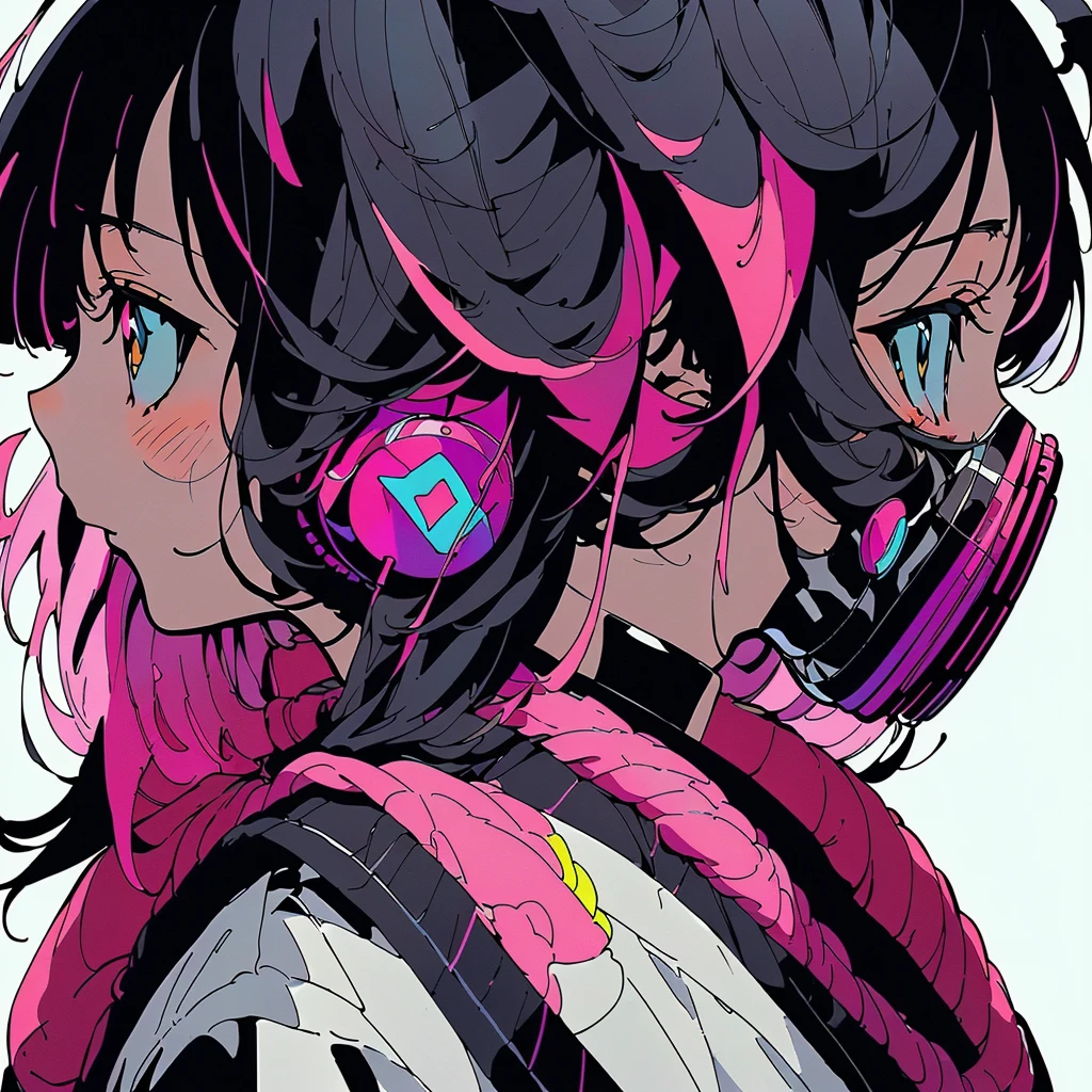 1girl,(((Highest quality、Masterpiece、Official Art、Super detailed、Anime Style、The best dynamic composition、profile、Perfect Anatomy)))、 Headphones, hoodie, Vibrant colors, neon, White background、gas mask、