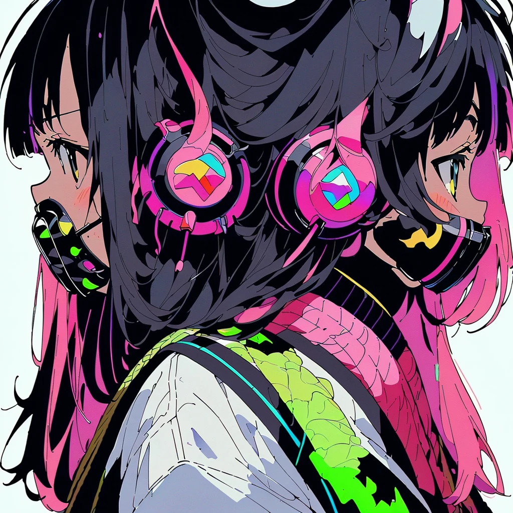 1girl,(((Highest quality、Masterpiece、Official Art、Super detailed、Anime Style、The best dynamic composition、profile、Perfect Anatomy)))、 Headphones, hoodie, Vibrant colors, neon, White background、gas mask、