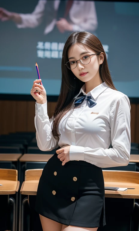 (A gorgeous Chinese lady, age 28, professional lecturer, wearing formal office attire, blazers, sky-blue tie, long-sleeve white shirt with buttons, pencil mini-skirt, ITZY sneakers, power pose in an empty lecture hall, hands on hip, 

(fabulous, geeky, feminine, gentle,
friendly, goofy, fascinating, Graceful),

spectacles, #roundeyeware, #glasses, #eyeware, kind smile, dimpled cheeks, cute snaggle-tooth, short ponytail, short bob hair trimmed, short hair, symmetrical face, beautiful detailed face, bright_and_full_of_warmth_eyes, detailed eyes, ample round bosom, perfect body anatomy,

Award-winning, photorealistic, hyper-realism, high contrast, ultra HD, realistic skin textures, top image quality, top-quality, super high resolution, fine details, very meticulously, Vivid Colours, masterpiece, High angle shot, full body shot, cowboy shot, positive affirmation, serene ambience, bokeh night background, SFW)