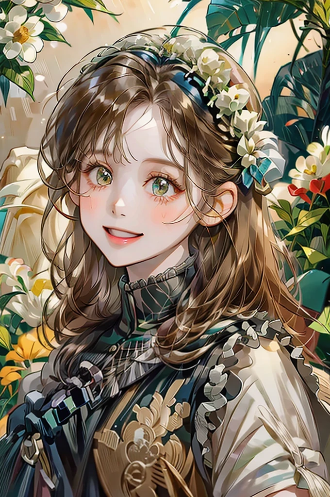 girl、Background is white、smile、Hair color is dark brown、Illustrated、Country Style、wearing a flower crown、Realistic、Staring at me、Clothes with short sleeves、Has bangs