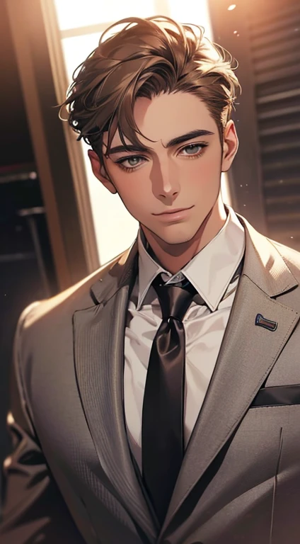 (Highest quality,4K,8K,High resolution,masterpiece:1.2),Super detailed,(Realistic,photoRealistic,photo-Realistic:1.37),1 person,34 years old,Mature Men,Beautiful skin、very handsome,Expressionless smile in love,Short gray brown hair,green eyes,Sharp Eyes,A perfect face without a doubt,Businessman, CEO, Office Background,Cinema Lighting,HDR image,tie、