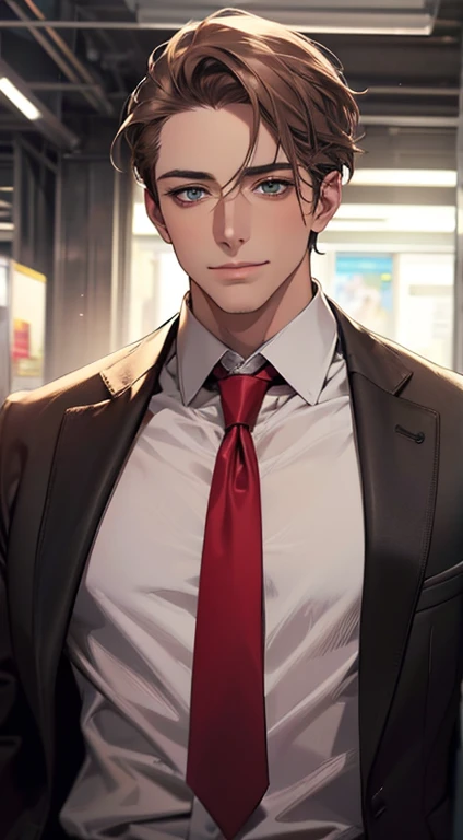 (Highest quality,4K,8K,High resolution,masterpiece:1.2),Super detailed,(Realistic,photoRealistic,photo-Realistic:1.37),1 person,34 years old,Mature Men,Beautiful skin、very handsome,Expressionless smile in love,Short gray brown hair,green eyes,Sharp Eyes,A perfect face without a doubt,Businessman, CEO, Office Background,Cinema Lighting,HDR image,tie、