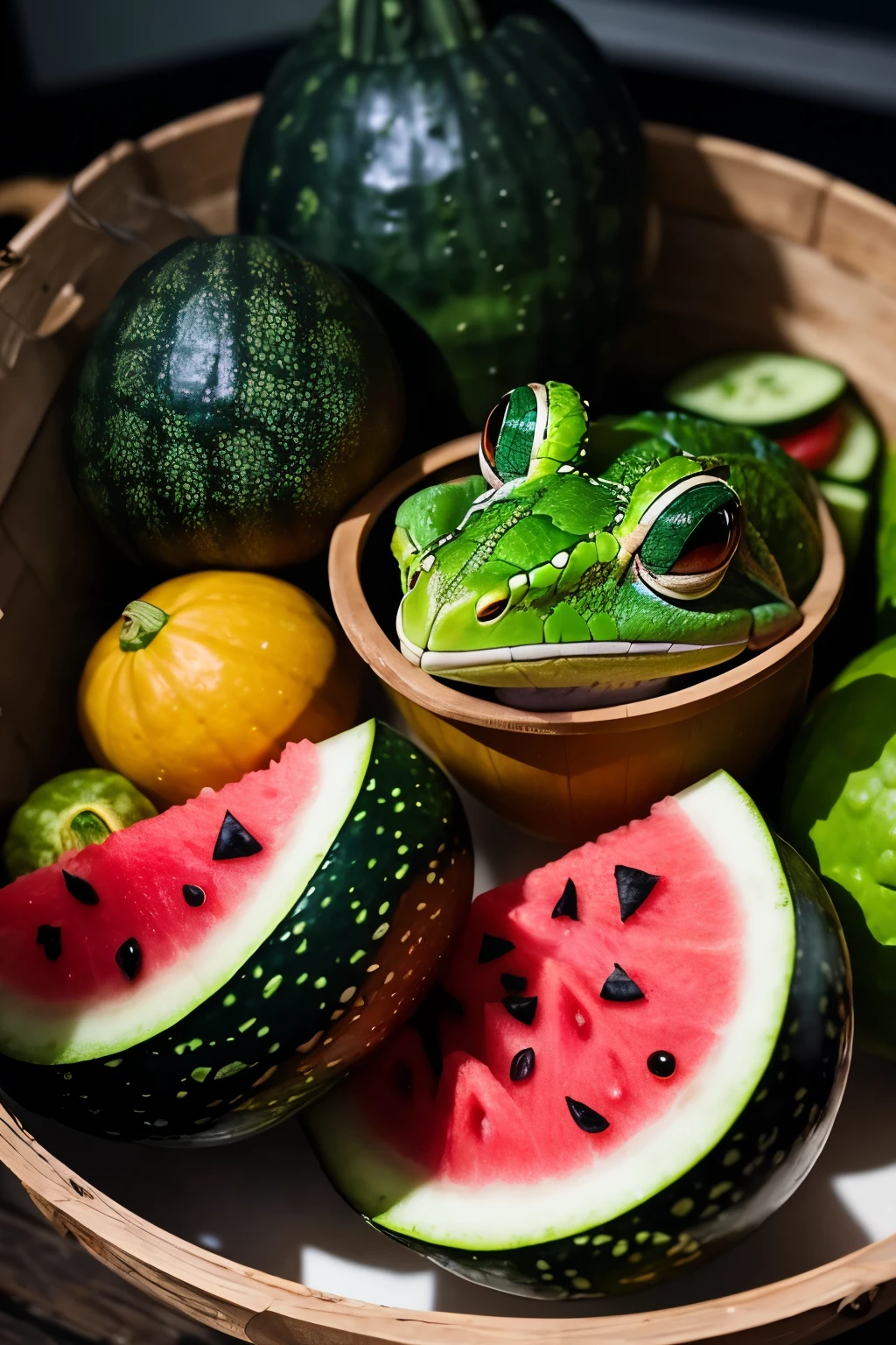 (Highest quality、High resolution、8k、masterpiece: 1.2、mysterious)。Collect all kinds of green things and describe as many varieties as possible。(for example、Praying Mantis、chameleon、leaf、Green plane、Green train、Dragon、excel、watermelon、cucumber、Bitter gourd、Frog、Kappa、Grinch、mask)