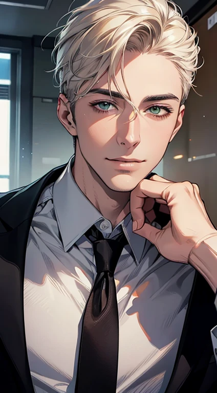 (Highest quality,4K,8K,High resolution,masterpiece:1.2),Super detailed,(Realistic,photoRealistic,photo-Realistic:1.37),1 person,34 years old,Mature Men,Beautiful skin、very handsome,Expressionless smile in love,Short white hair,green eyes,Sharp Eyes,A perfect face without a doubt,Businessman, CEO, Office Background,Cinema Lighting,HDR image,tie、