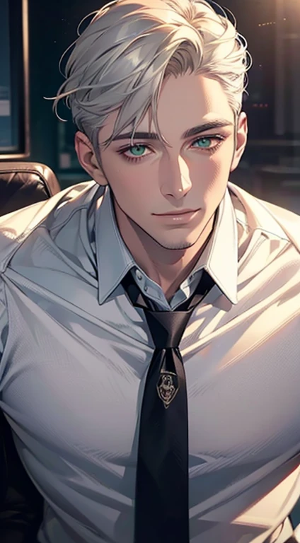 (Highest quality,4K,8K,High resolution,masterpiece:1.2),Super detailed,(Realistic,photoRealistic,photo-Realistic:1.37),1 person,34 years old,Mature Men,Beautiful skin、very handsome,Expressionless smile in love,Short white hair,green eyes,Sharp Eyes,A perfect face without a doubt,Businessman, CEO, Office Background,Cinema Lighting,HDR image,tie、