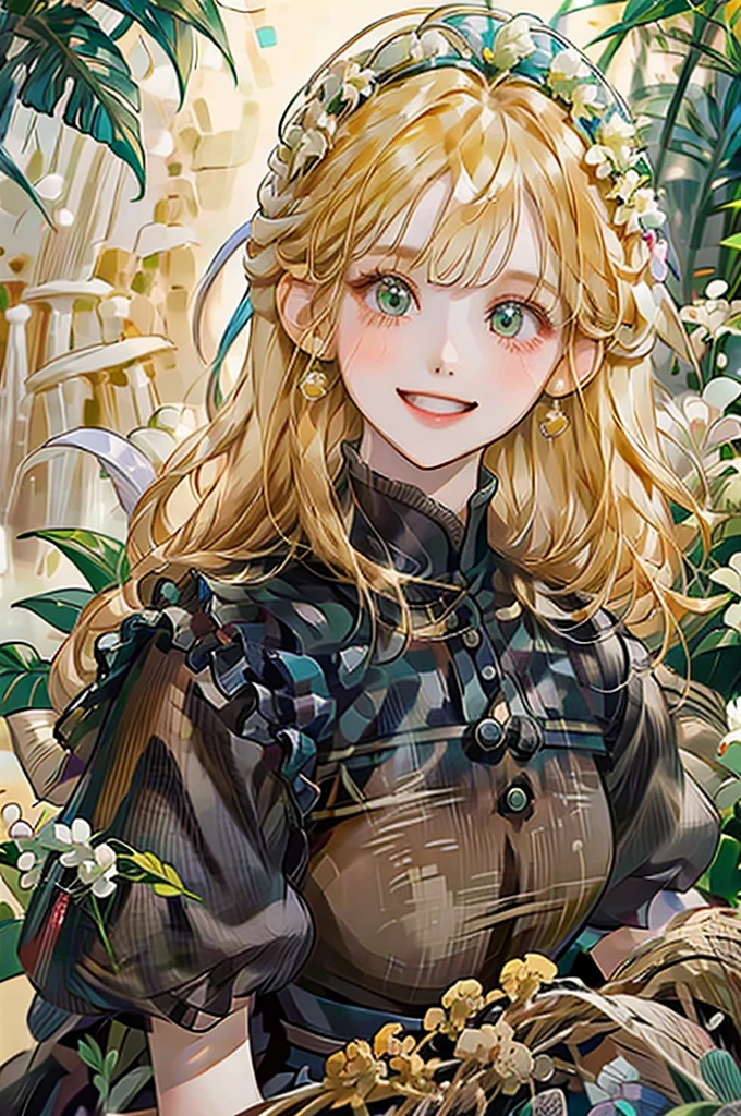 girl、Background is white、smile、Her hair color is blonde.、Illustrated、Country Style、wearing a flower crown、Realistic、Staring at me、Clothes with short sleeves