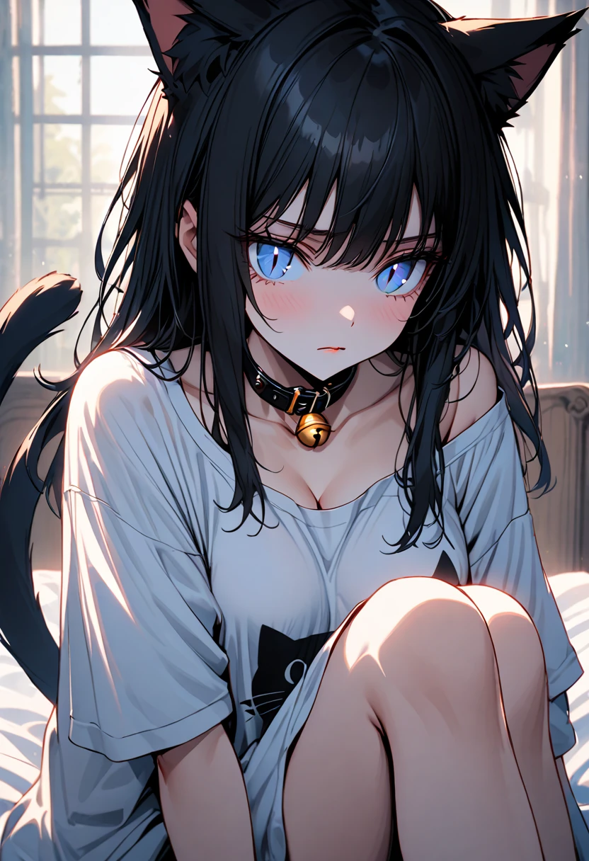 solo female, sitting on bed, oversized t-shirt, large breasts, young, blue eyes, slit pupils, straight long black hair, cat ears, cat tail, confused, morning, very cute, curvaceous, close up, cleavage, one bare shoulder, hugging knee, resting face on knee, cat bell collar, close up