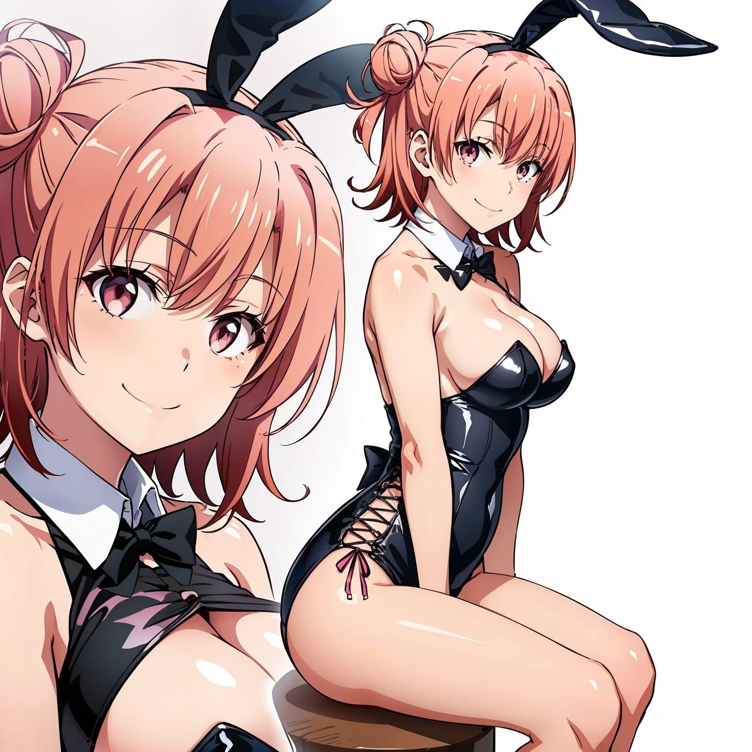 ((masutepiece, Best Quality, hight resolution, nffsw, Perfect Pixel, depth of fields, 4K, )), 1girl in, Solo, , Beautiful anime girl, Beautiful Art Style, close up, Looking at Viewer, Perfect body, side shot, Yuigahama Yui, Short hair, pink hair, pink eyes, hairbun, (large boob), side boob, sitting, black playboy bunny outfit, smile, hands on thighs, blank white background, shot from the waist up