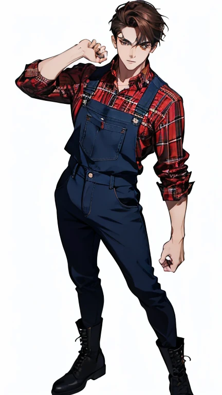Full body, frontal, looking at viewer, annoyed, a man, 25 years old,masculine shape, masculine, rough, {cut short hairstyle, dark brown hair, gold eyes pale skin, canine fangs},  (handsome), sporty, pretty perfect face, wearing a red and black checked flannel shirt, blue dungarees ,Boots (masterpiece), best quality, highest detail, superior quality, natural lighting, white background 