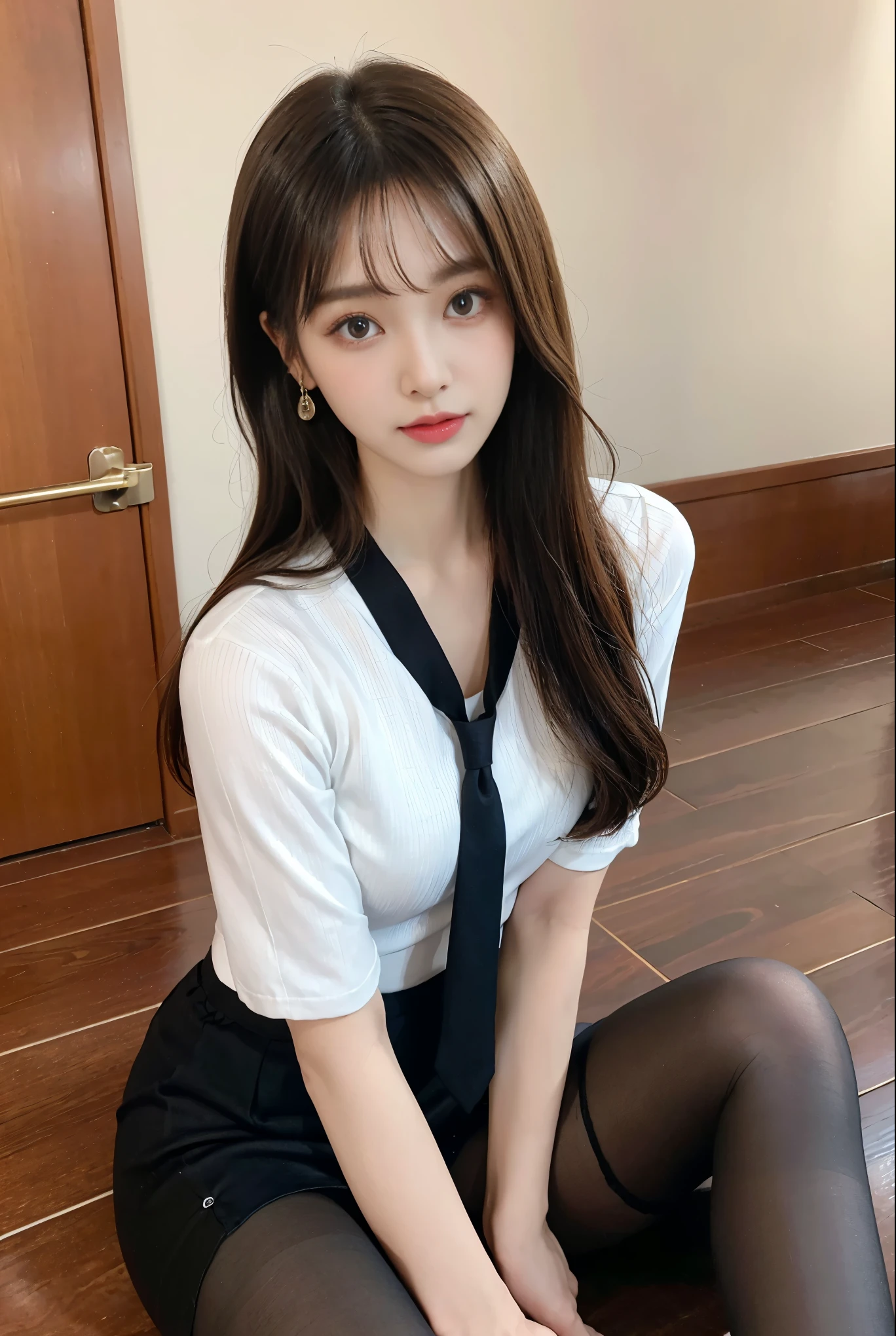 korea 、여름 school 유니폼 셔츠、tight shirt、ribbon tie、skirt side、school、school 계단、Emphasize your chest with both arms、slim big、8k RAW photos、highest resolution、age:18 、Japanese、hurt eye、very big and round breasts、Beautiful eyes are depicted in detail、long eyelashes、Your double eyelids are pretty、eye shadow、eye line、slim eyes、elongated eye shape、Sanpaku eyes、pretty and thin legs、pretty and thin thighs、random shorthair、Tie your hair behind your head.、earring、light brown hair、(wearing pantyhose)、My thighs are erotic、laugh、slightly open mouth