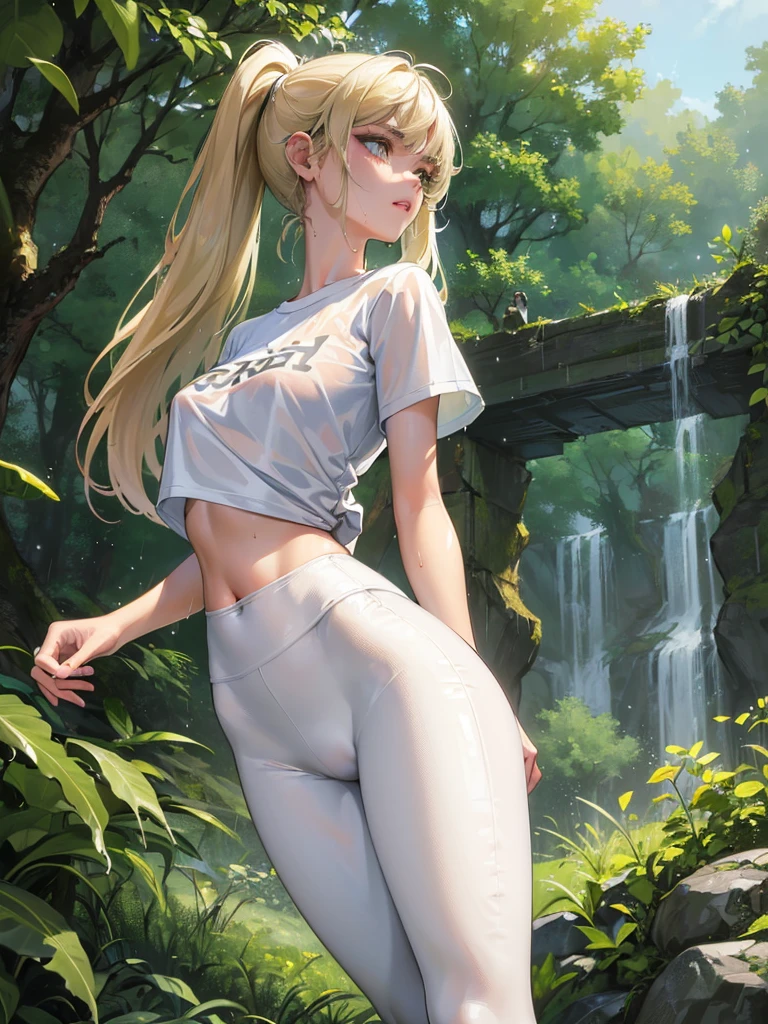 masterpiece, Best Quality, ultra detailed, illustration, beautiful face, cara angelical, short T-shirt, fitted t-shirt, White T-shirt, wet shirt, Hands behind the back, forest photography, low angle, tight clothes, white leggings, tight leggings, rain, soggy