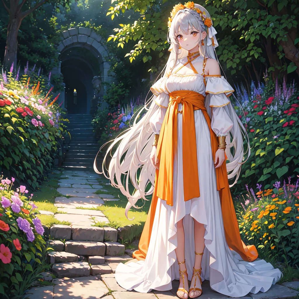 1 tall girl, long orange braided hair, silver eyes, wearing gold wrist and neck accessories, pure white night gown, brown sandals with straps on legs, standing in the middle of garden full of flowers, high res, ultrasharp, 8k, masterpiece