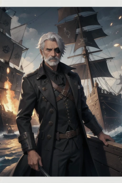 mature older man, tall, gray mustache, short well kept hair, 1 eye patch, burning ships in the background, pirate era, black coat