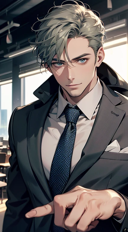 (best quality,4k,8k,highres,masterpiece:1.2),ultra-detailed,(realistic,photorealistic,photo-realistic:1.37),1 man,31 years old,mature man,very handsome,without expression,smile,short grey green hair,blue eyes,penetrating gaze,perfect face without errors,imposing posture,businessman,office background,cinematic lighting,hdr image