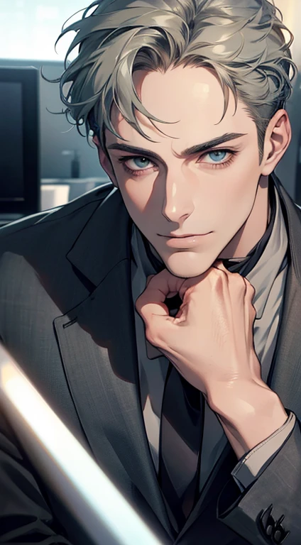 (best quality,4k,8k,highres,masterpiece:1.2),ultra-detailed,(realistic,photorealistic,photo-realistic:1.37),1 man,31 years old,mature man,very handsome,without expression,smile,short grey green hair,blue eyes,penetrating gaze,perfect face without errors,imposing posture,businessman,office background,cinematic lighting,hdr image